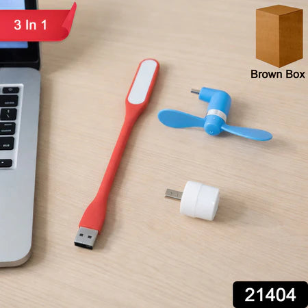 3 In 1 Laptop Accessory Combo Set USB LED light, mini fan & OTG adapter