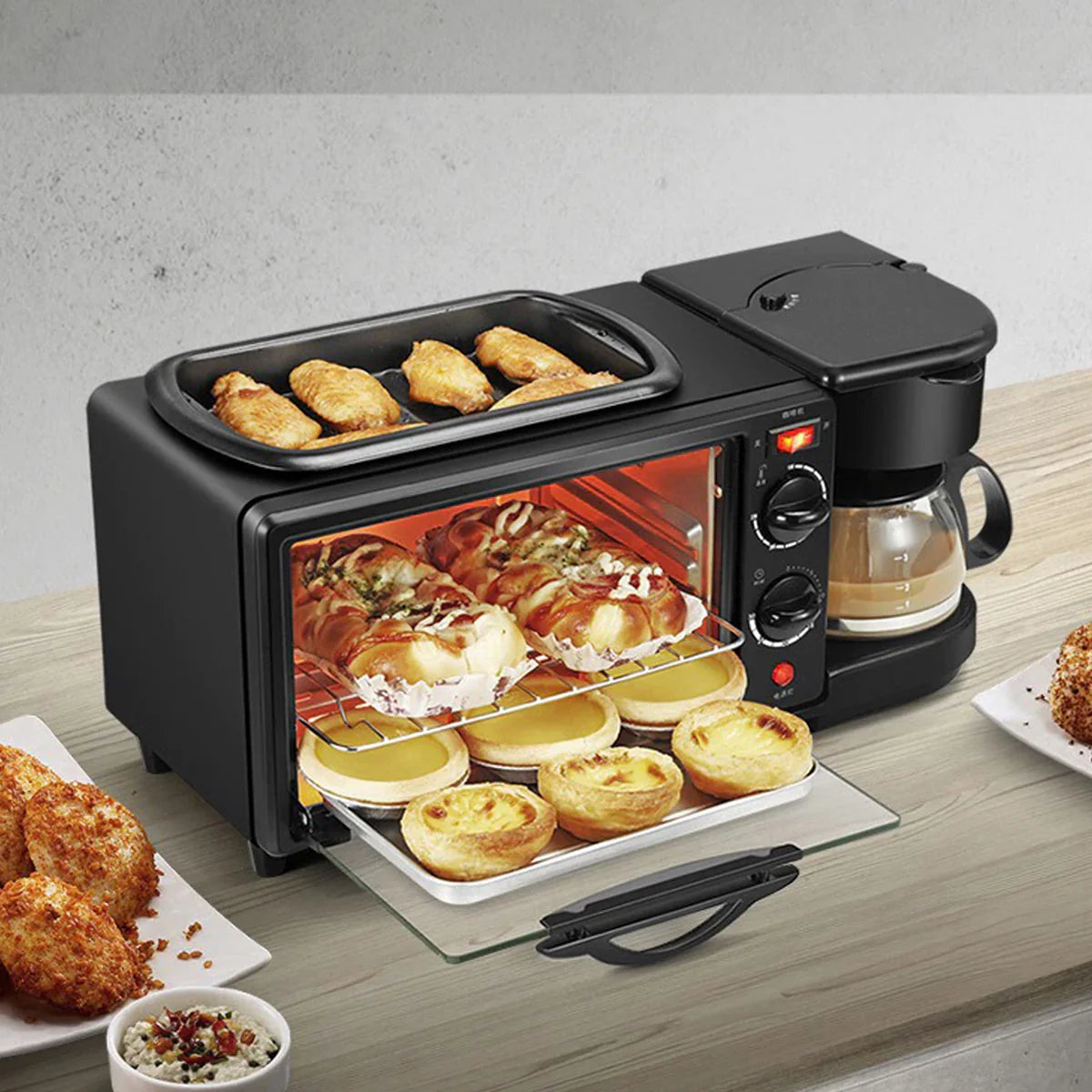 3 In 1 Breakfast Maker Portable Toaster Oven Grill Pan Coffee Maker Full Breakfast Ready At One Go