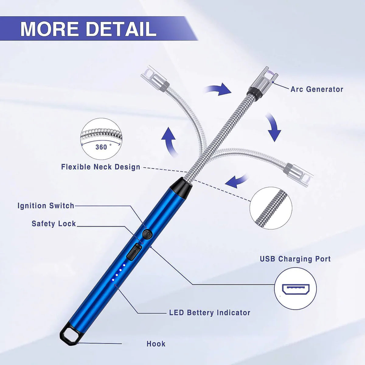 Metal Rechargeable Electric Arc Lighter With Flexible Neck (1 Pc)